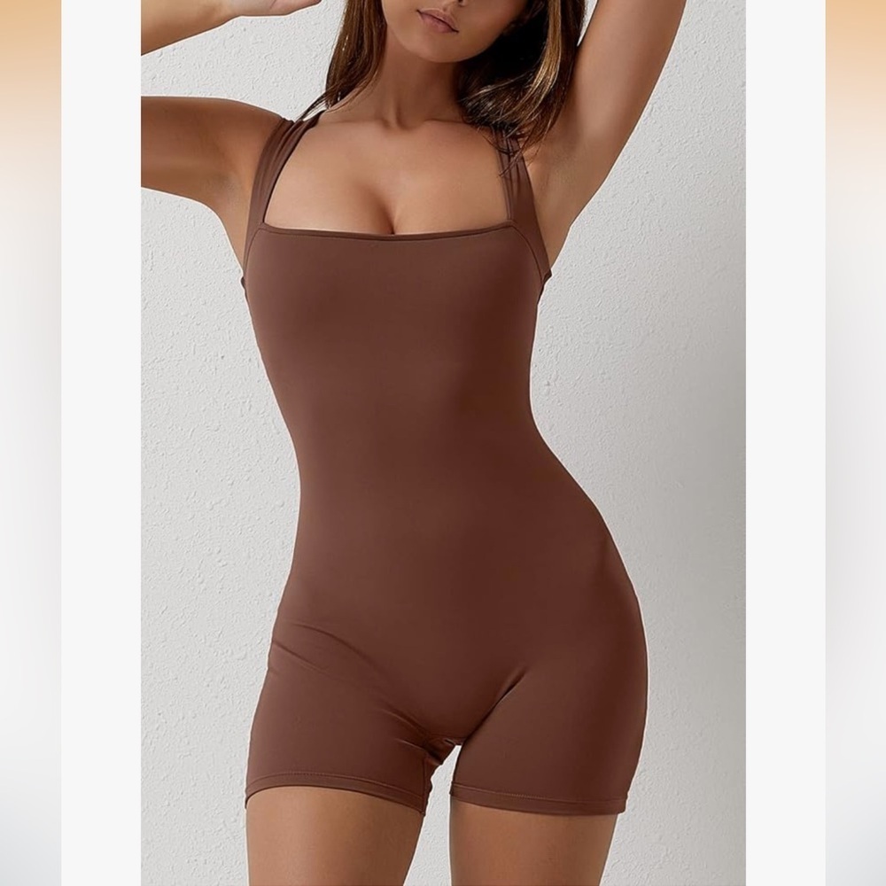 QINSEN Square Neck Athletic Romper in Brown | Buttery Soft, Built in Bra | Small - Picture 2 of 5